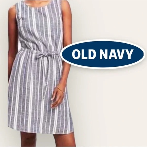 Old Navy Blue White Stripe Linen Blend Mini Dress Cinch Waist Drawstring Tie SzM - Picture 1 of 10